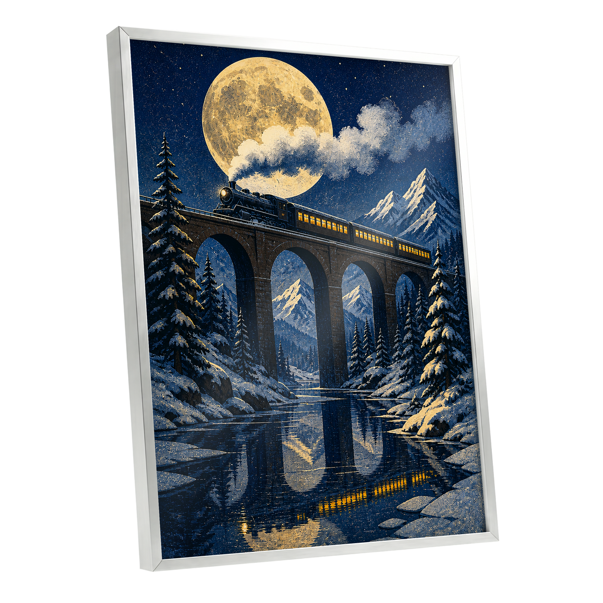 Moonlit Alpine Express, blue, gold, white nature wall art shown as a silver framed poster wall art print