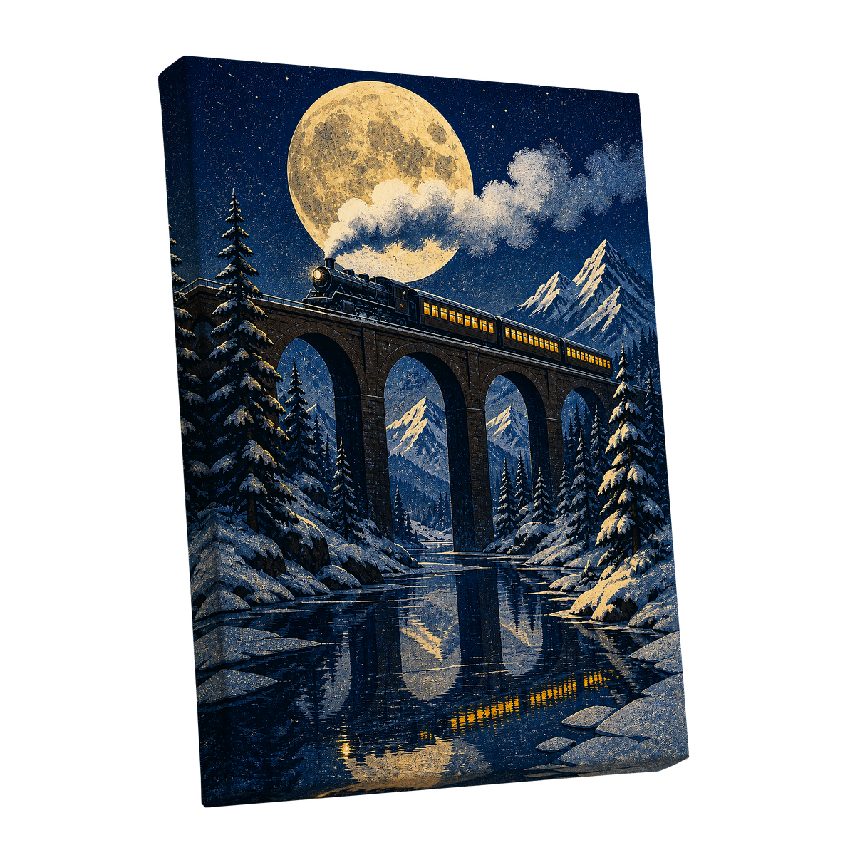 Moonlit Alpine Express, blue, gold, white nature wall art shown as a stretched canvas wall art