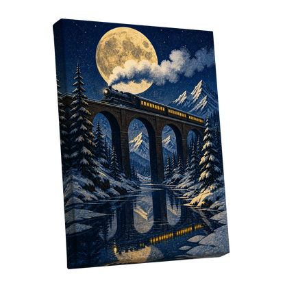 Moonlit Alpine Express, blue, gold, white nature wall art shown as a stretched canvas wall art