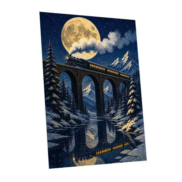 Moonlit Alpine Express, blue, gold, white nature wall art shown as a unframed poster wall art print