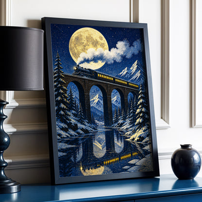 Moonlit Alpine Express, blue, gold, white nature wall art displayed in a styled interior, gallery view 2