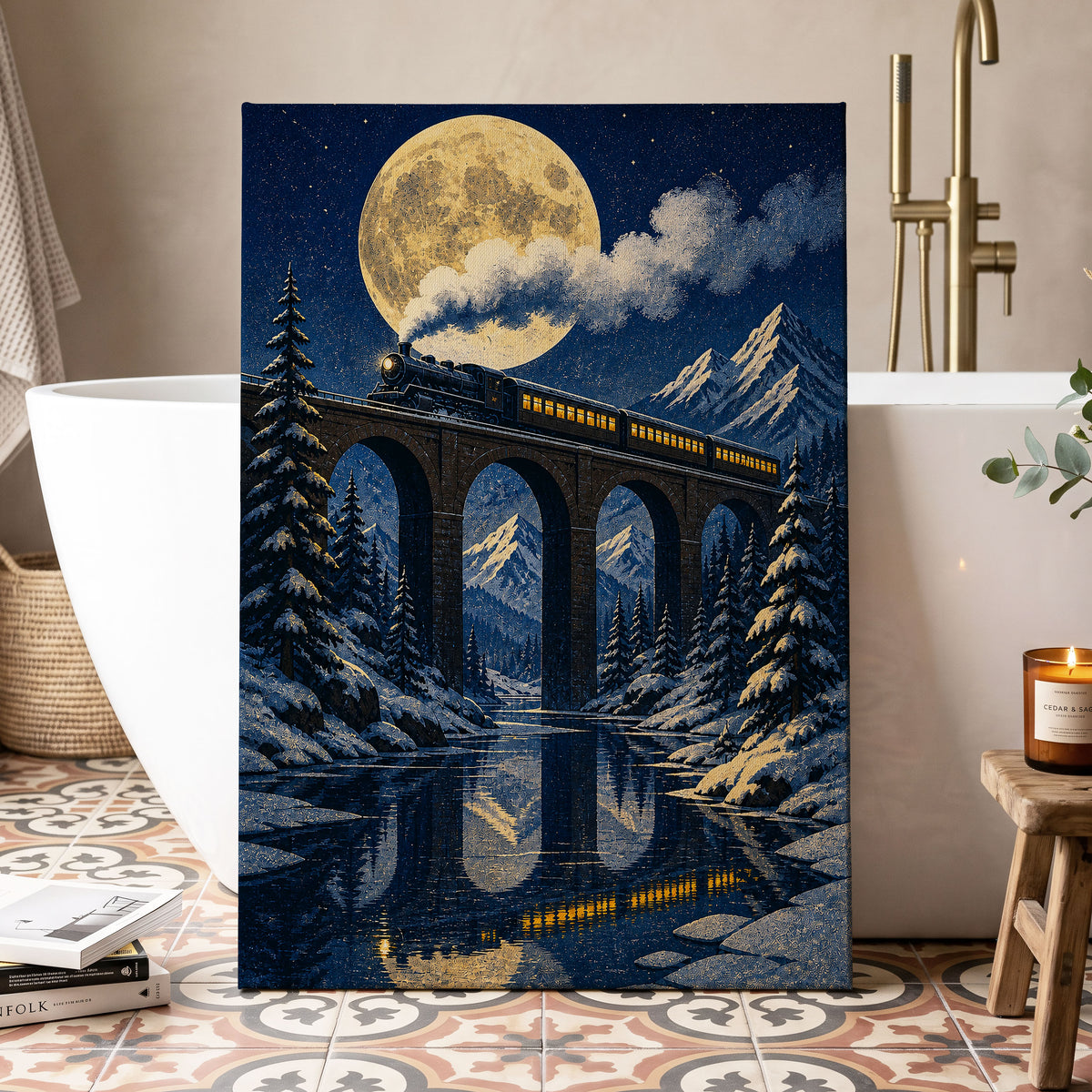 Moonlit Alpine Express, blue, gold, white nature wall art displayed in a styled interior, gallery view 3
