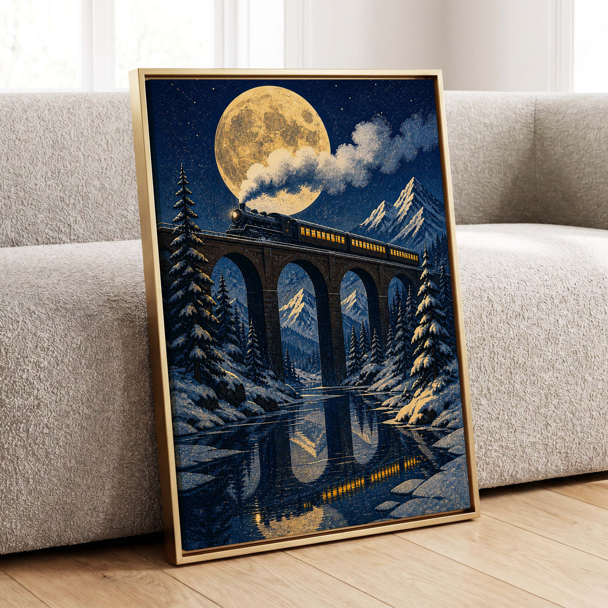 Moonlit Alpine Express, blue, gold, white nature wall art displayed in a styled interior, gallery view 4