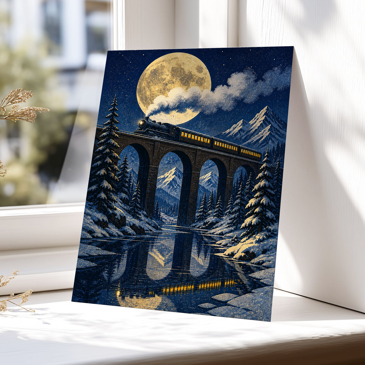 Moonlit Alpine Express, blue, gold, white nature wall art displayed in a styled interior, gallery view 5