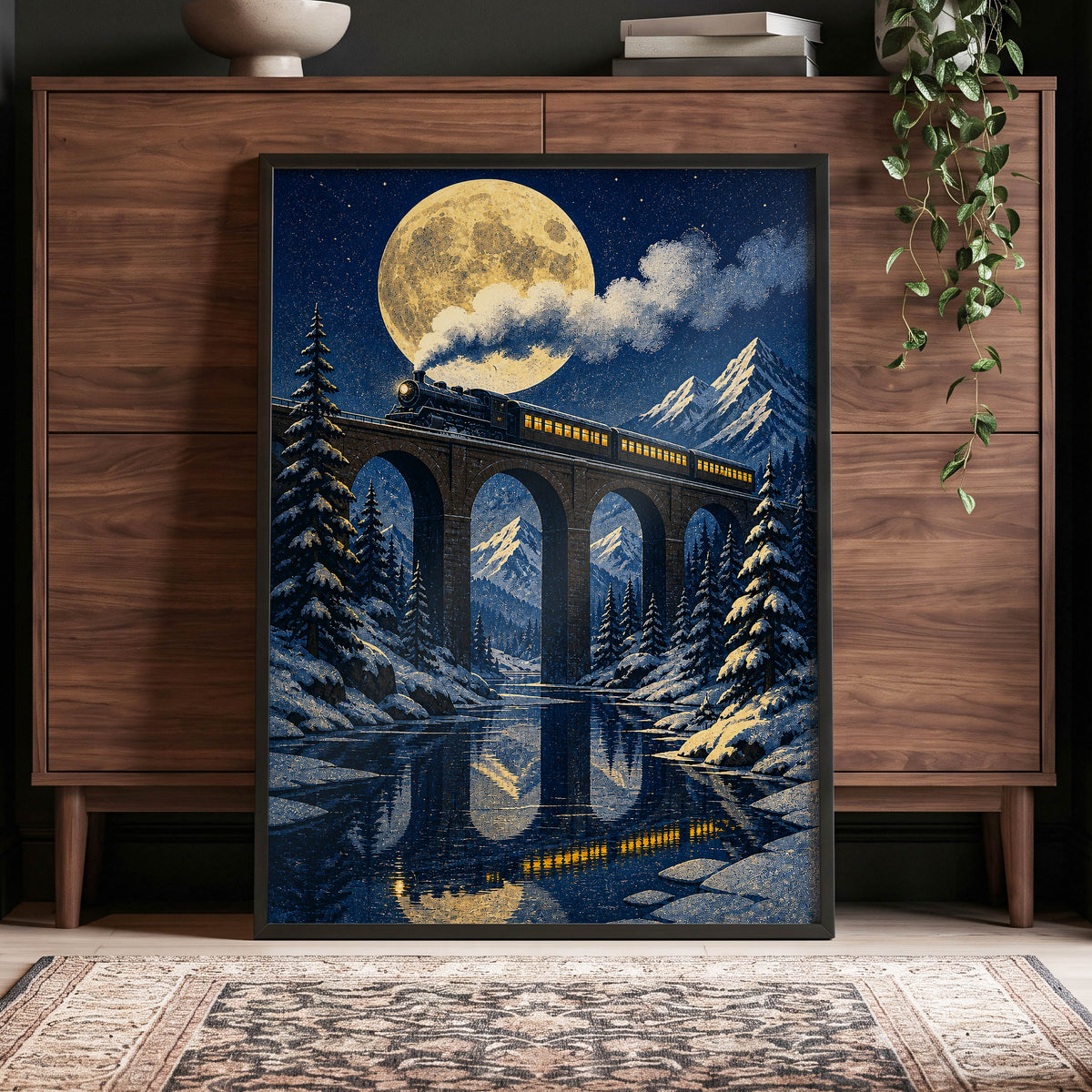 Moonlit Alpine Express, blue, gold, white nature wall art displayed in a styled interior, gallery view 6