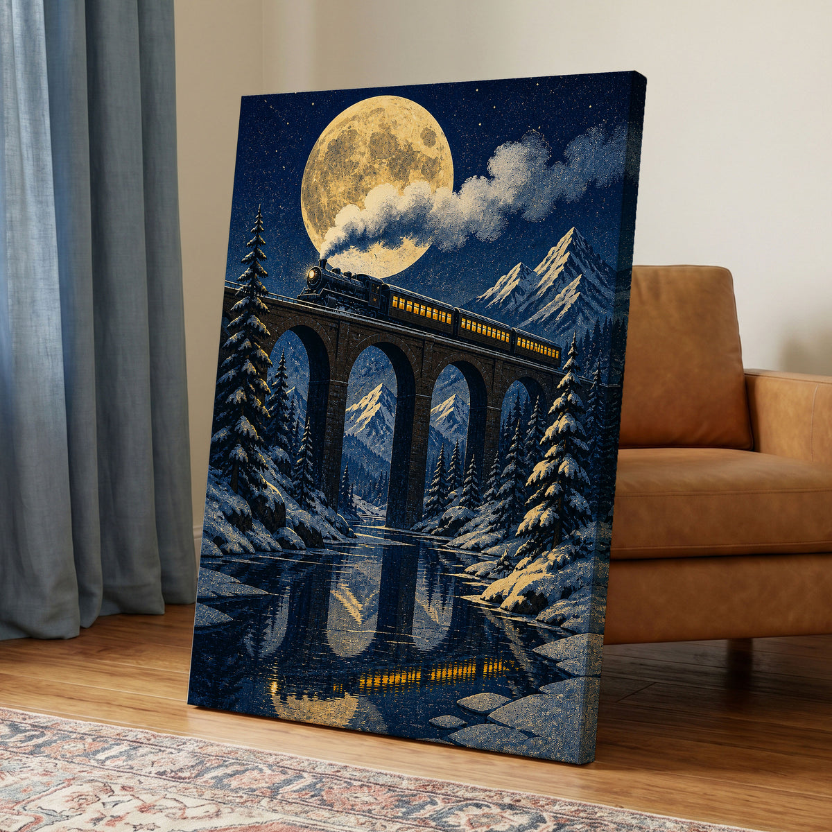 Moonlit Alpine Express, blue, gold, white nature wall art displayed in a styled interior, gallery view 7