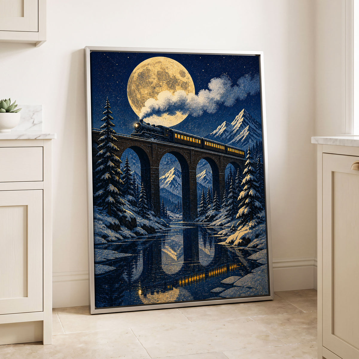 Moonlit Alpine Express, blue, gold, white nature wall art displayed in a styled interior, gallery view 8