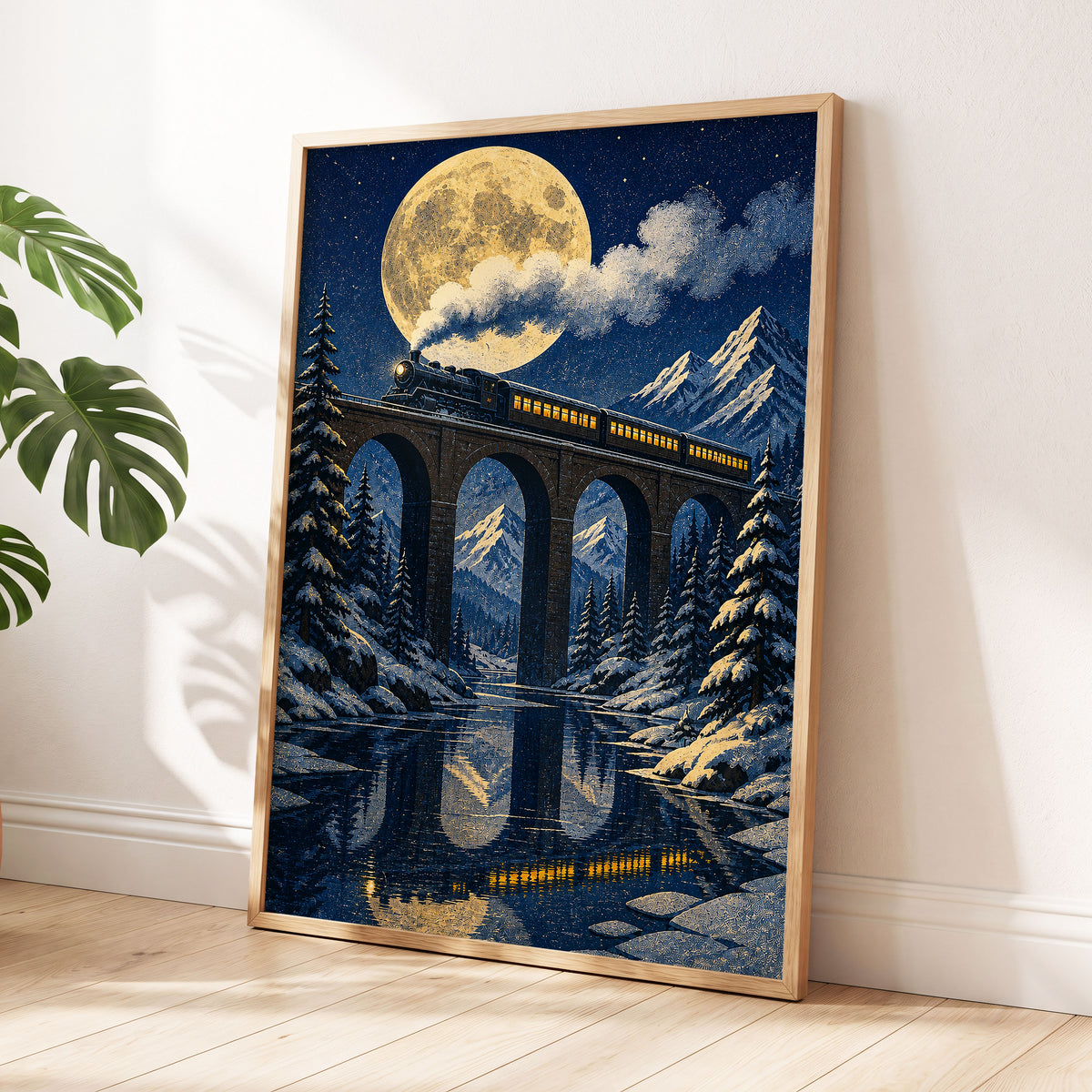Moonlit Alpine Express, blue, gold, white nature wall art displayed in a styled interior, gallery view 9