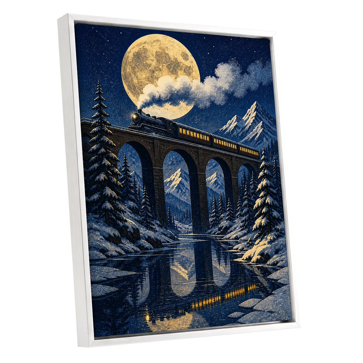 Moonlit Alpine Express, blue, gold, white nature wall art shown as a white framed canvas wall art