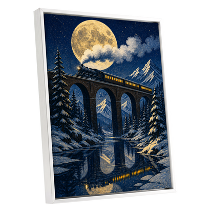 Moonlit Alpine Express, blue, gold, white nature wall art shown as a white framed canvas wall art