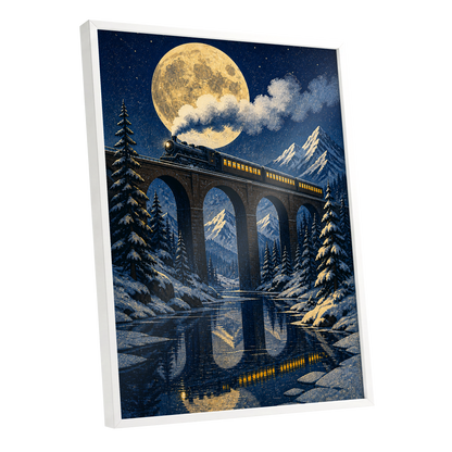 Moonlit Alpine Express, blue, gold, white nature wall art shown as a white framed poster wall art print