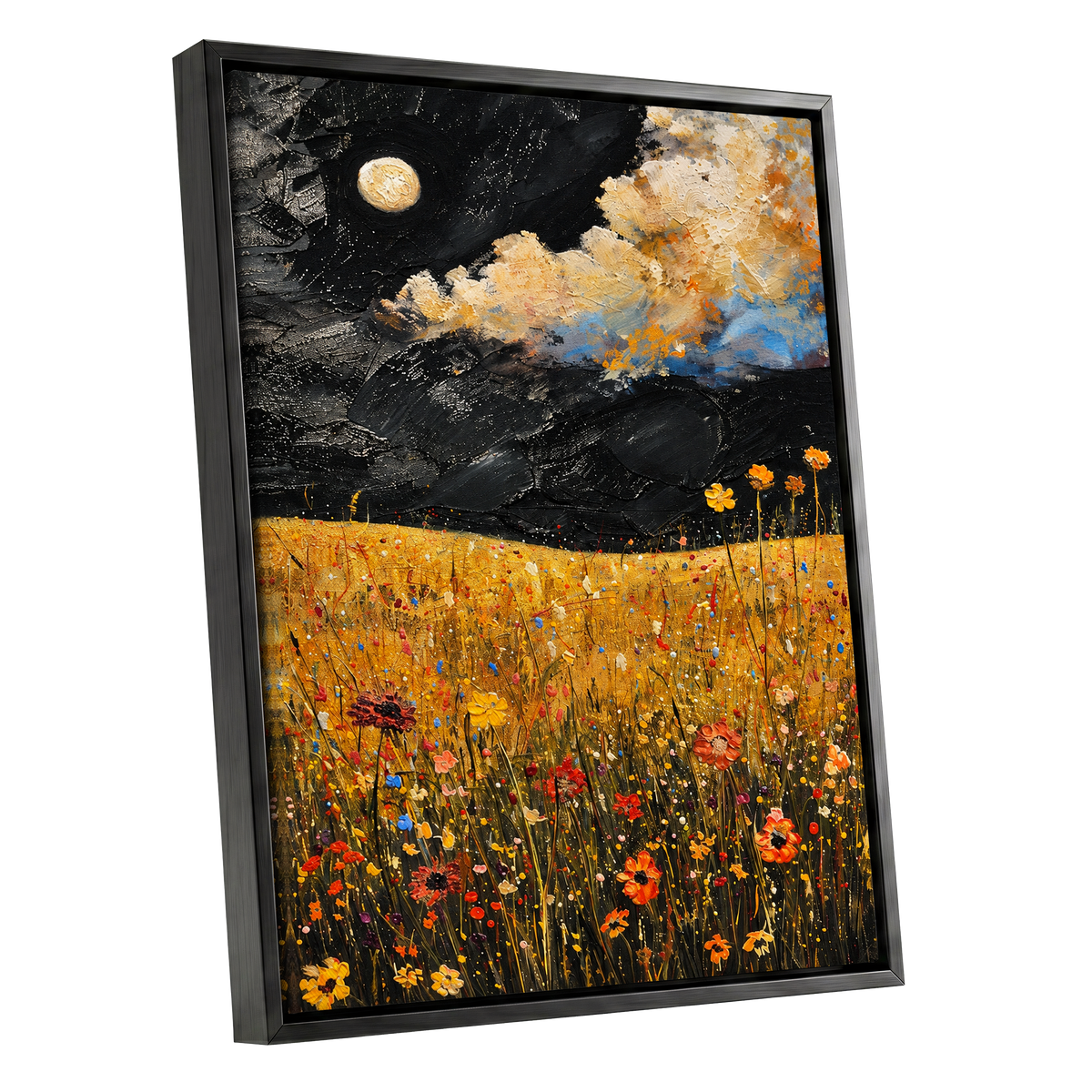 Moonlit Amber Meadow, black, gold, orange floral wall art shown as a black framed canvas wall art