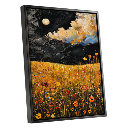 Moonlit Amber Meadow, black, gold, orange floral wall art shown as a black framed canvas wall art