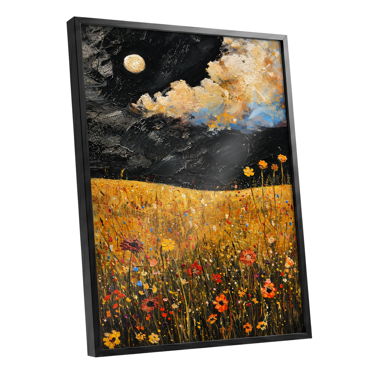Moonlit Amber Meadow, black, gold, orange floral wall art shown as a black framed poster wall art print