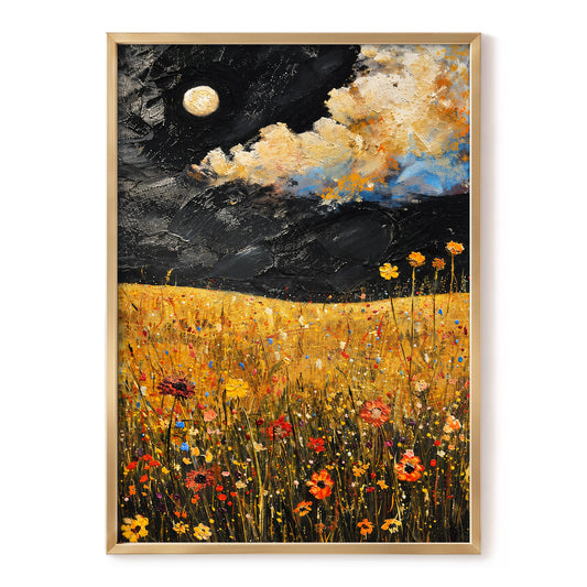 Moonlit Amber Meadow, black, gold, orange floral wall art, front artwork view