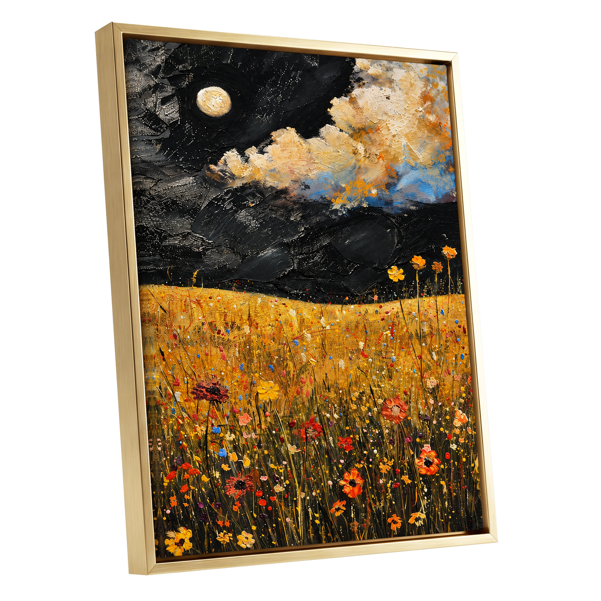 Moonlit Amber Meadow, black, gold, orange floral wall art shown as a gold framed canvas wall art