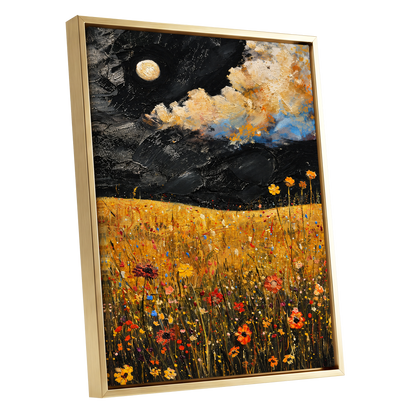 Moonlit Amber Meadow, black, gold, orange floral wall art shown as a gold framed canvas wall art