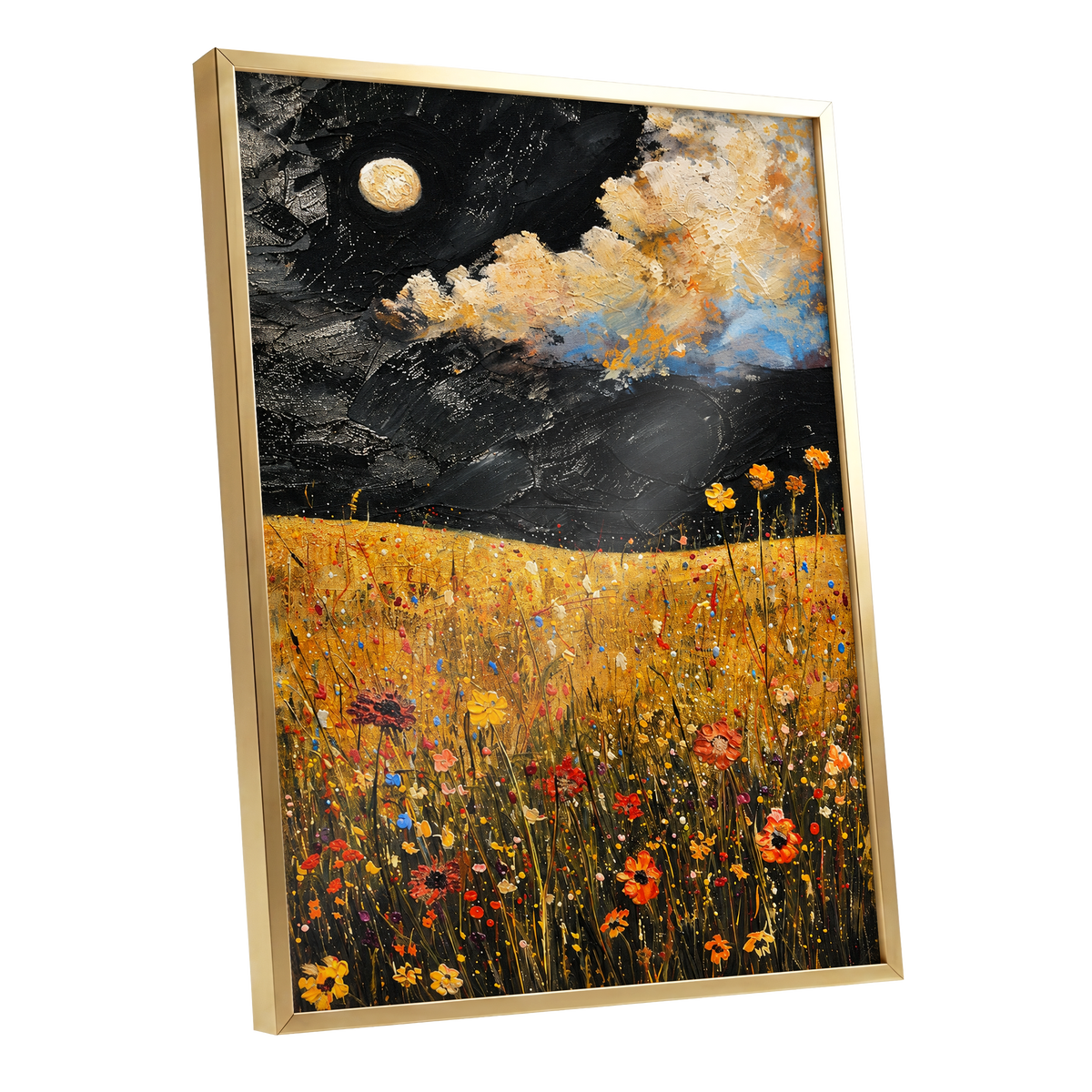 Moonlit Amber Meadow, black, gold, orange floral wall art shown as a gold framed poster wall art print
