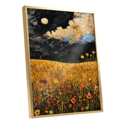Moonlit Amber Meadow, black, gold, orange floral wall art shown as a gold framed poster wall art print