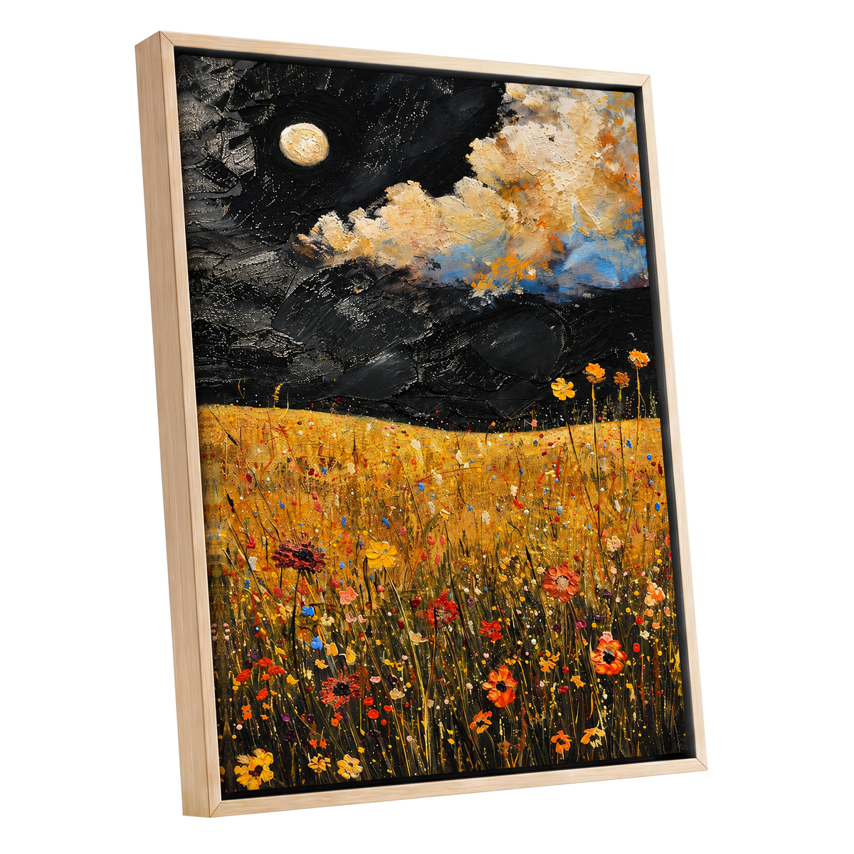 Moonlit Amber Meadow, black, gold, orange floral wall art shown as a oak framed canvas wall art