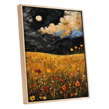 Moonlit Amber Meadow, black, gold, orange floral wall art shown as a oak framed canvas wall art