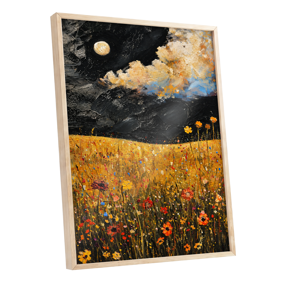 Moonlit Amber Meadow, black, gold, orange floral wall art shown as a oak framed poster wall art print