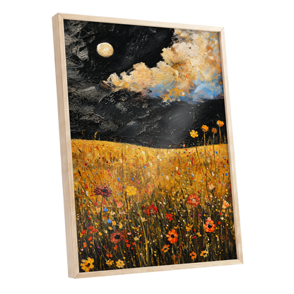 Moonlit Amber Meadow, black, gold, orange floral wall art shown as a oak framed poster wall art print