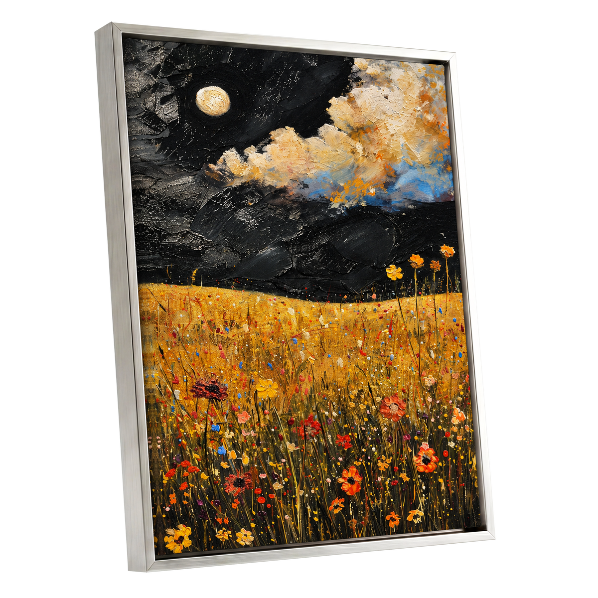 Moonlit Amber Meadow, black, gold, orange floral wall art shown as a silver framed canvas wall art