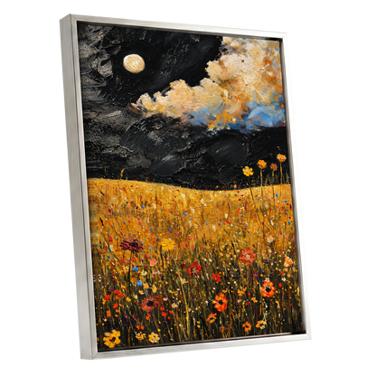Moonlit Amber Meadow, black, gold, orange floral wall art shown as a silver framed canvas wall art