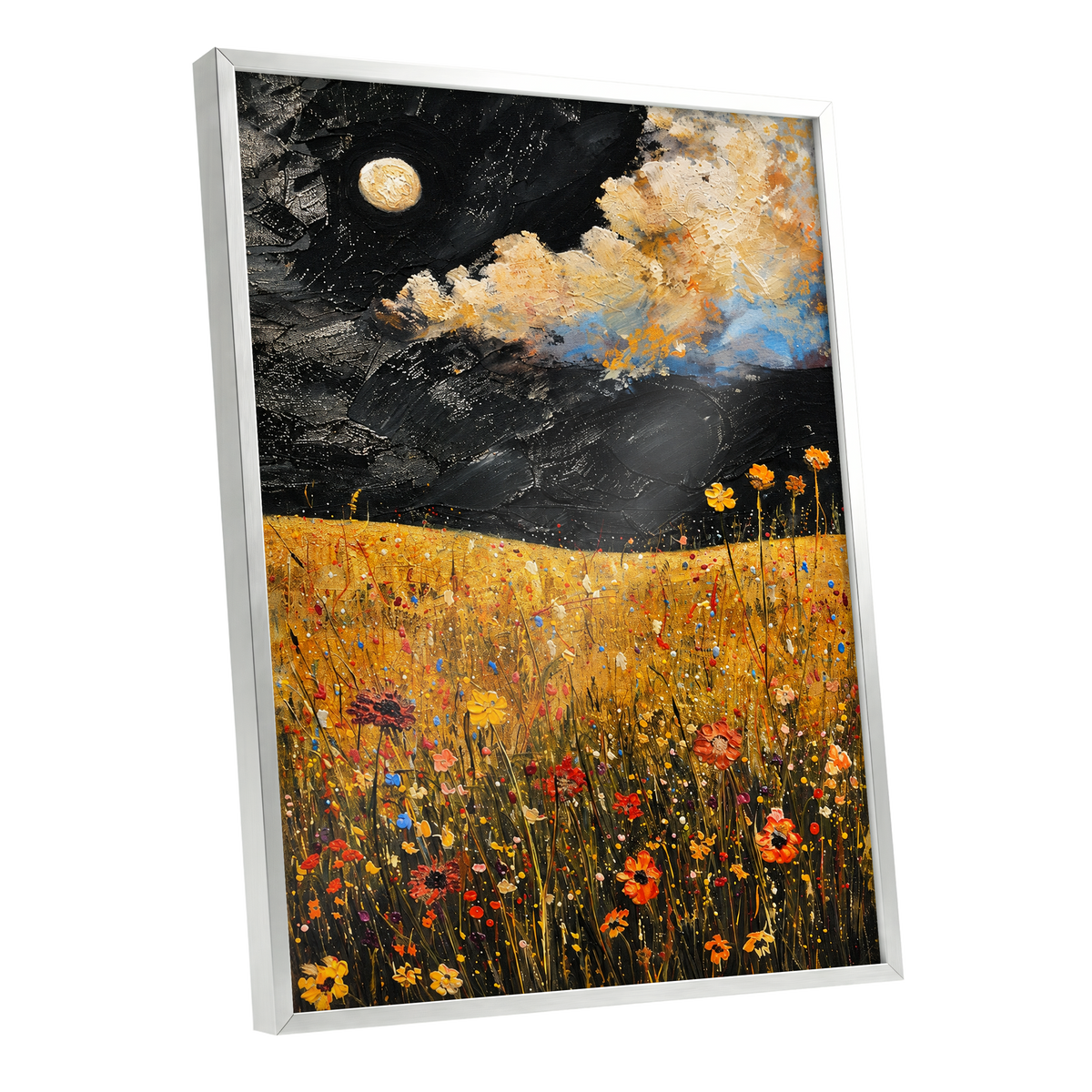 Moonlit Amber Meadow, black, gold, orange floral wall art shown as a silver framed poster wall art print