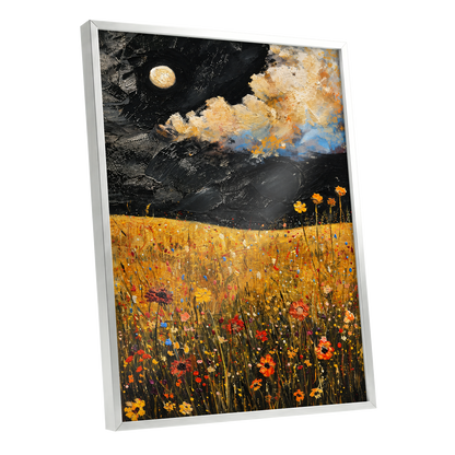 Moonlit Amber Meadow, black, gold, orange floral wall art shown as a silver framed poster wall art print