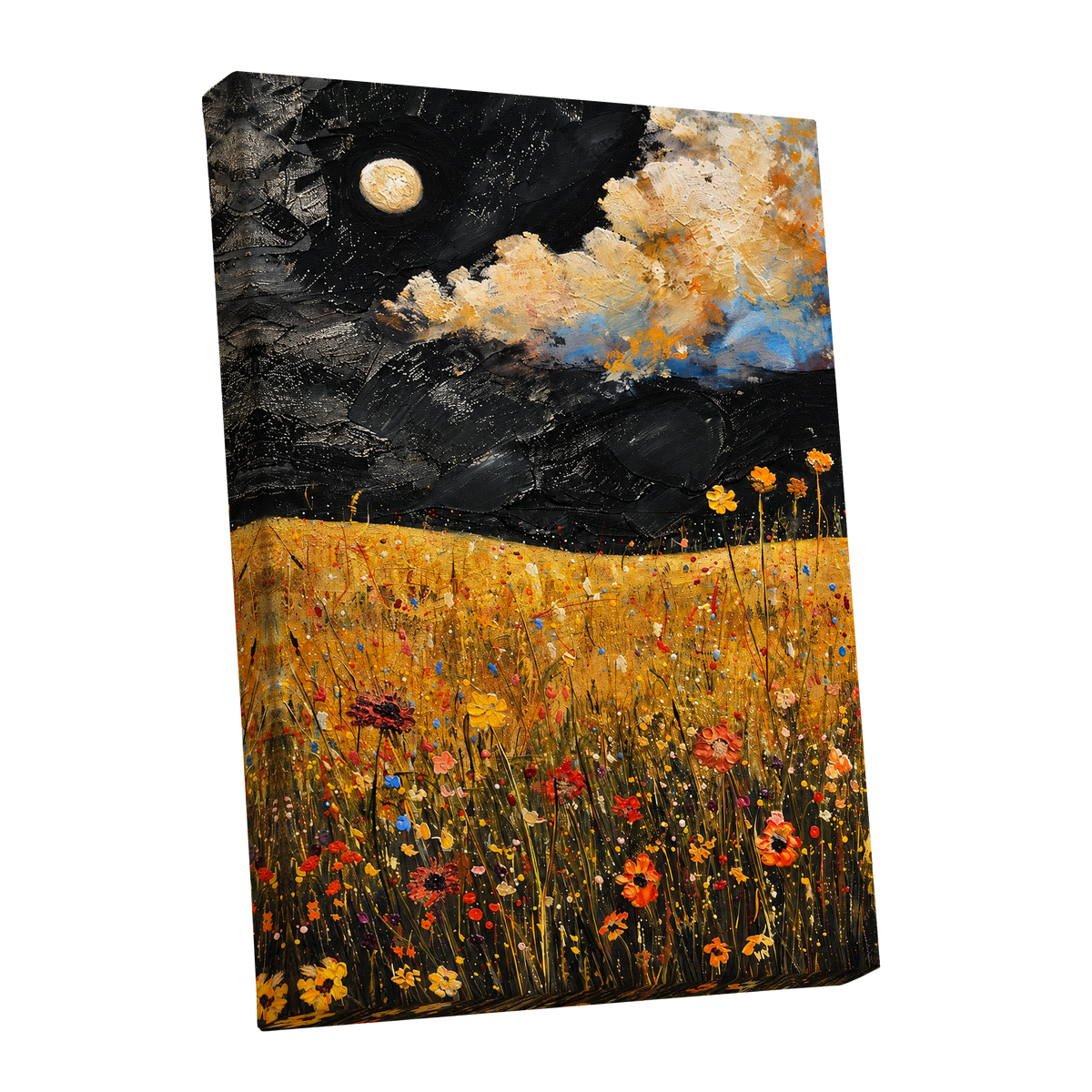 Moonlit Amber Meadow, black, gold, orange floral wall art shown as a stretched canvas wall art