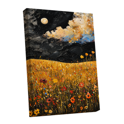 Moonlit Amber Meadow, black, gold, orange floral wall art shown as a stretched canvas wall art