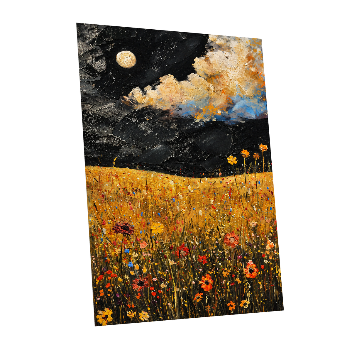 Moonlit Amber Meadow, black, gold, orange floral wall art shown as a unframed poster wall art print