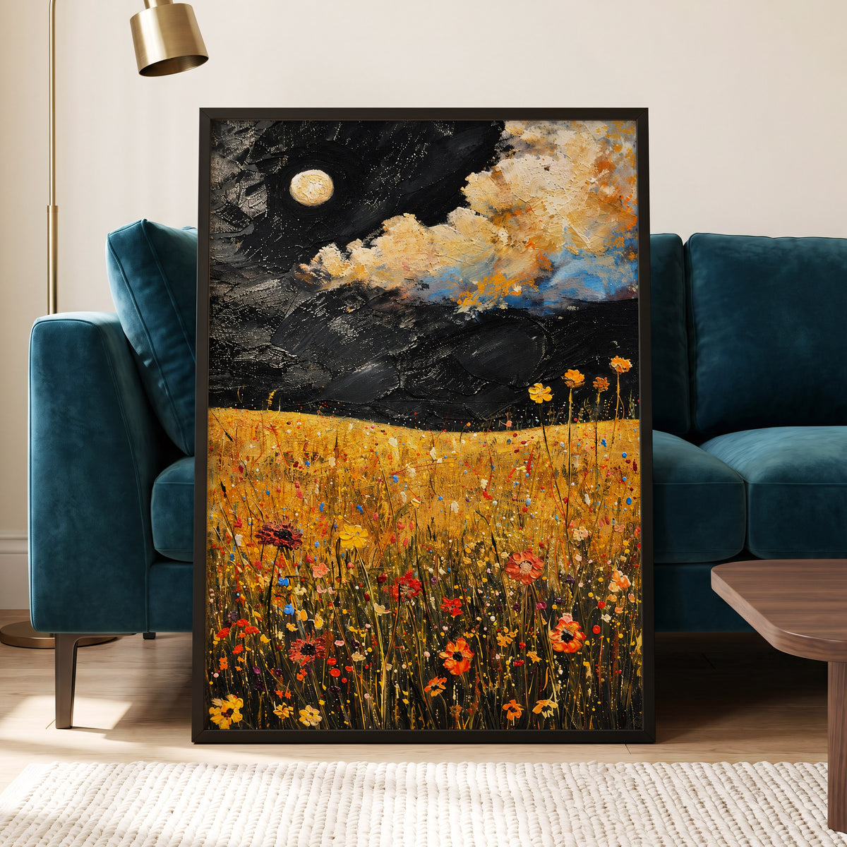 Moonlit Amber Meadow, black, gold, orange floral wall art displayed in a styled interior, gallery view 2