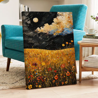 Moonlit Amber Meadow, black, gold, orange floral wall art displayed in a styled interior, gallery view 3