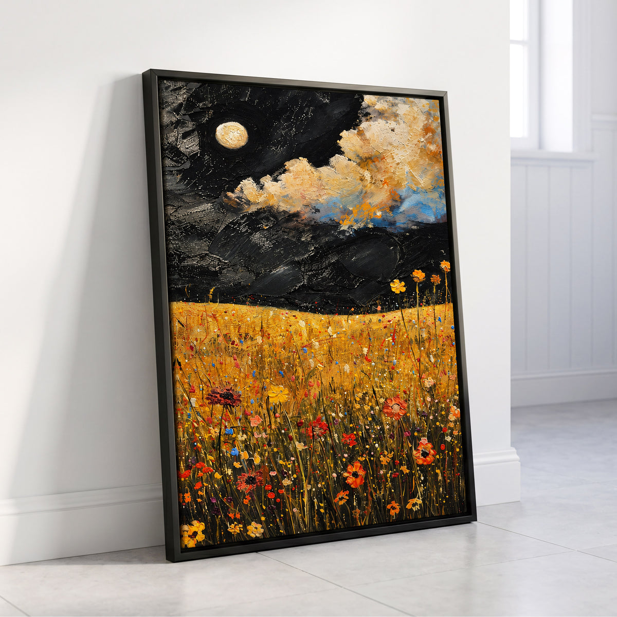 Moonlit Amber Meadow, black, gold, orange floral wall art displayed in a styled interior, gallery view 4