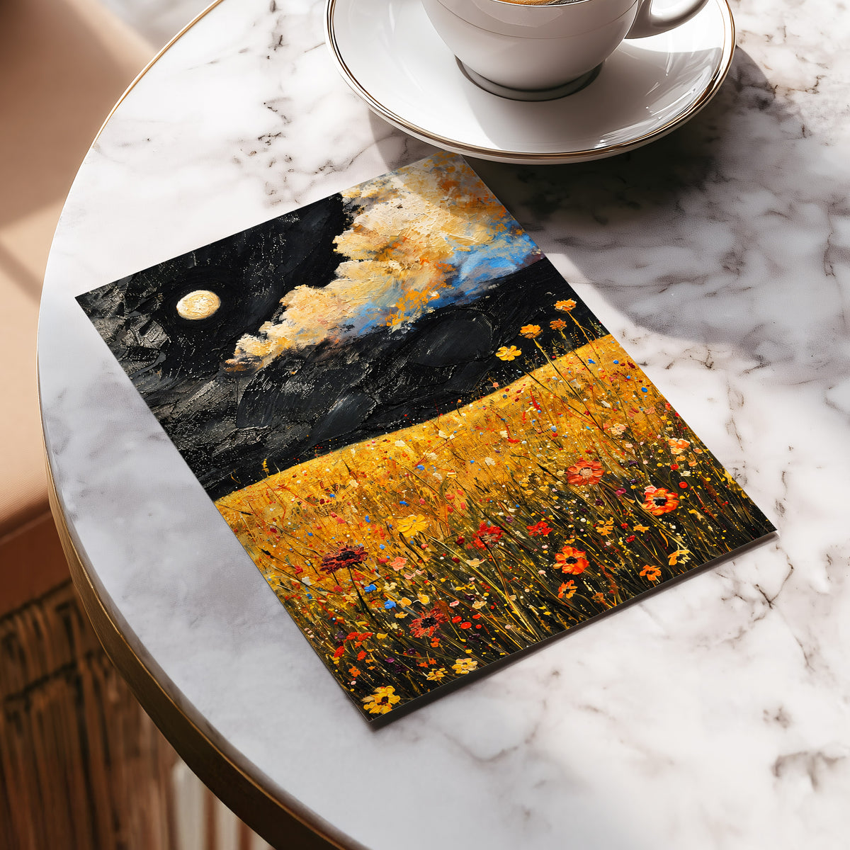 Moonlit Amber Meadow, black, gold, orange floral wall art displayed in a styled interior, gallery view 5