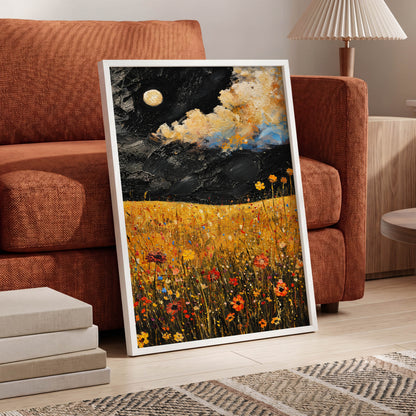 Moonlit Amber Meadow, black, gold, orange floral wall art displayed in a styled interior, gallery view 6