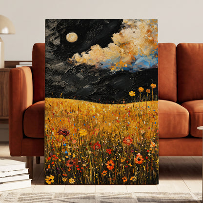 Moonlit Amber Meadow, black, gold, orange floral wall art displayed in a styled interior, gallery view 7