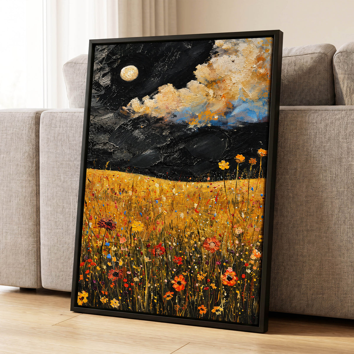 Moonlit Amber Meadow, black, gold, orange floral wall art displayed in a styled interior, gallery view 8