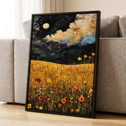 Moonlit Amber Meadow, black, gold, orange floral wall art displayed in a styled interior, gallery view 8