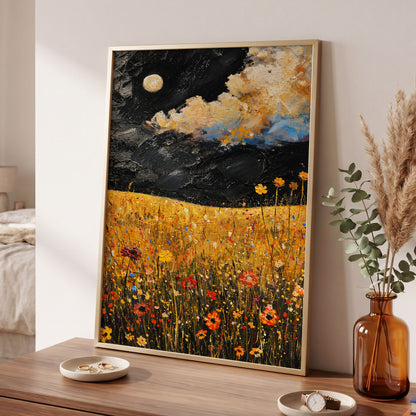 Moonlit Amber Meadow, black, gold, orange floral wall art displayed in a styled interior, gallery view 9