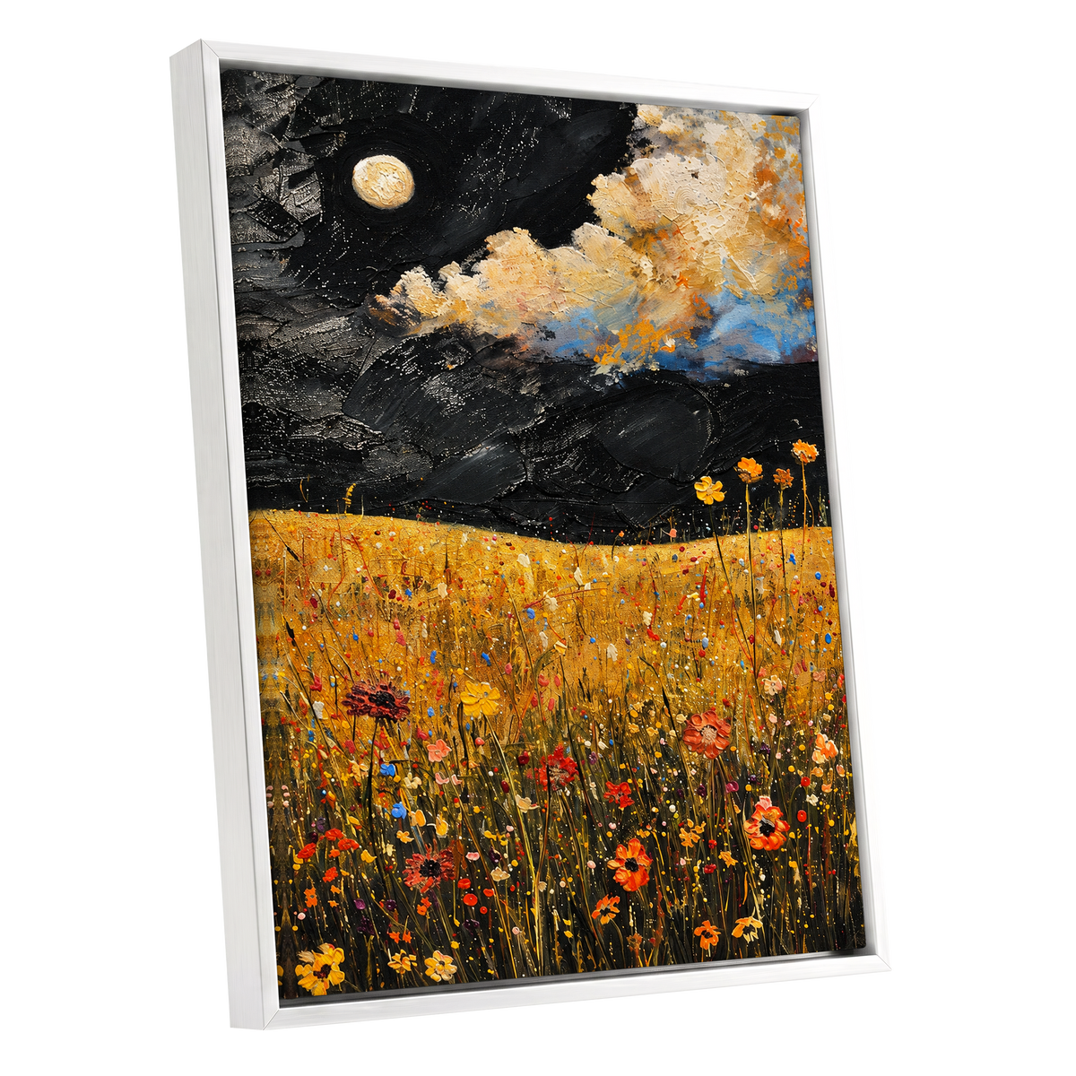 Moonlit Amber Meadow, black, gold, orange floral wall art shown as a white framed canvas wall art