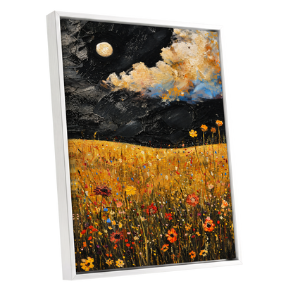Moonlit Amber Meadow, black, gold, orange floral wall art shown as a white framed canvas wall art