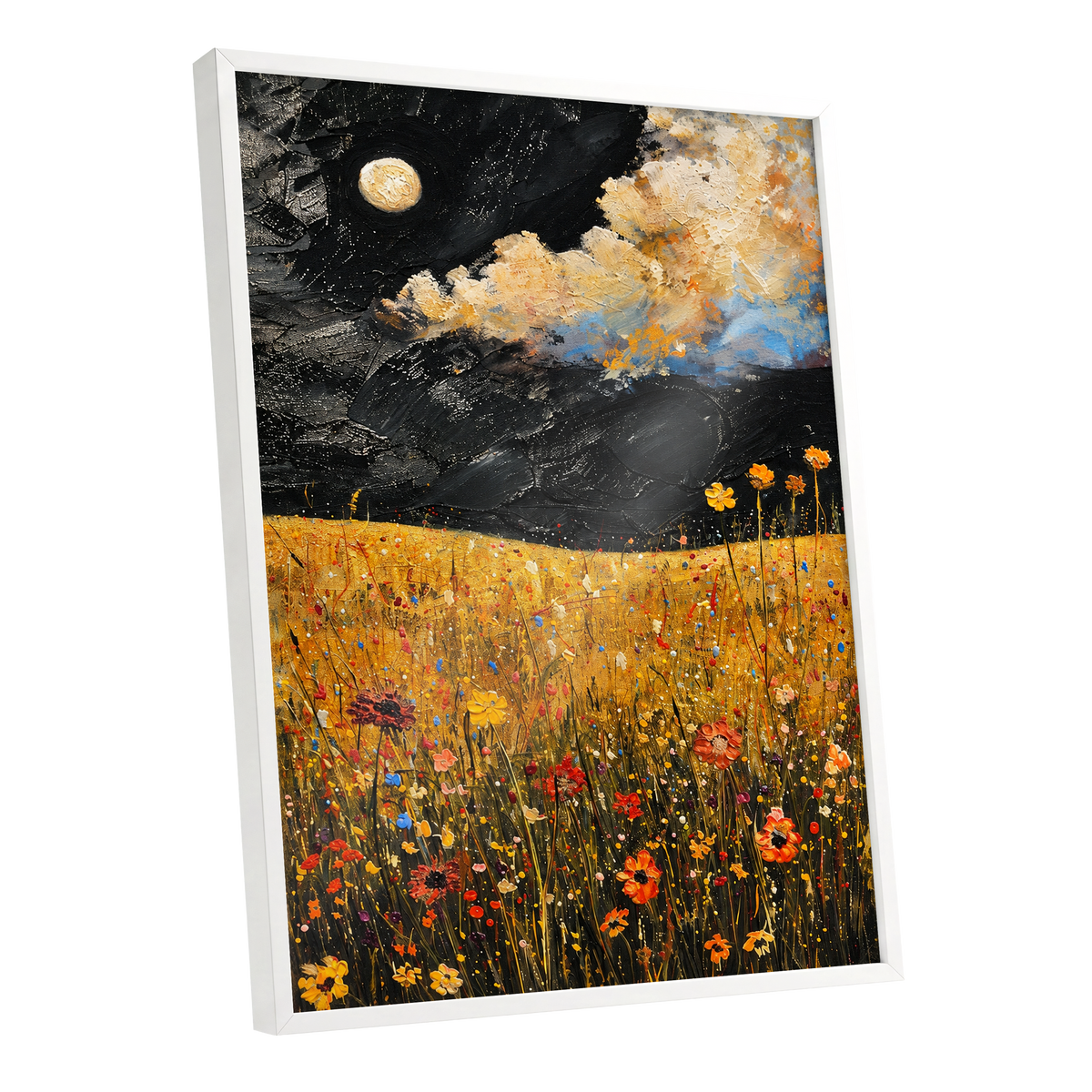 Moonlit Amber Meadow, black, gold, orange floral wall art shown as a white framed poster wall art print