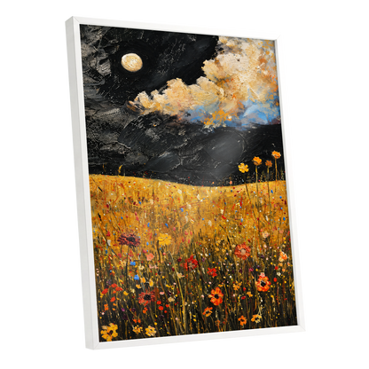 Moonlit Amber Meadow, black, gold, orange floral wall art shown as a white framed poster wall art print
