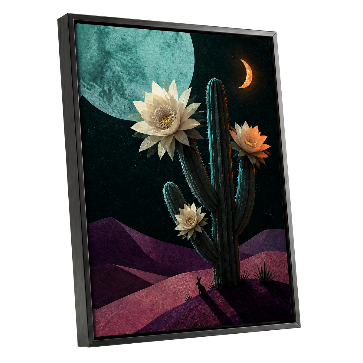 Moonlit Cactus Bloom, black, green, beige nature wall art shown as a black framed canvas wall art