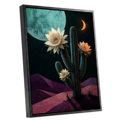 Moonlit Cactus Bloom, black, green, beige nature wall art shown as a black framed canvas wall art