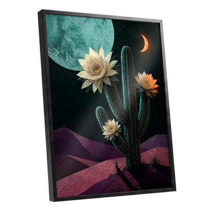 Moonlit Cactus Bloom, black, green, beige nature wall art shown as a black framed poster wall art print